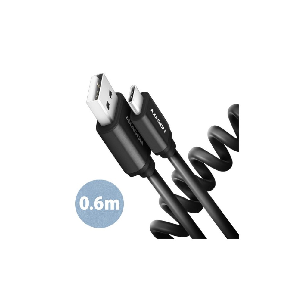 AXAGON BUCM-AM10TB, TWISTER kabel USB-C <-> USB-A, 0.6m, USB 2.0, 3A, ALU, tpe, černý