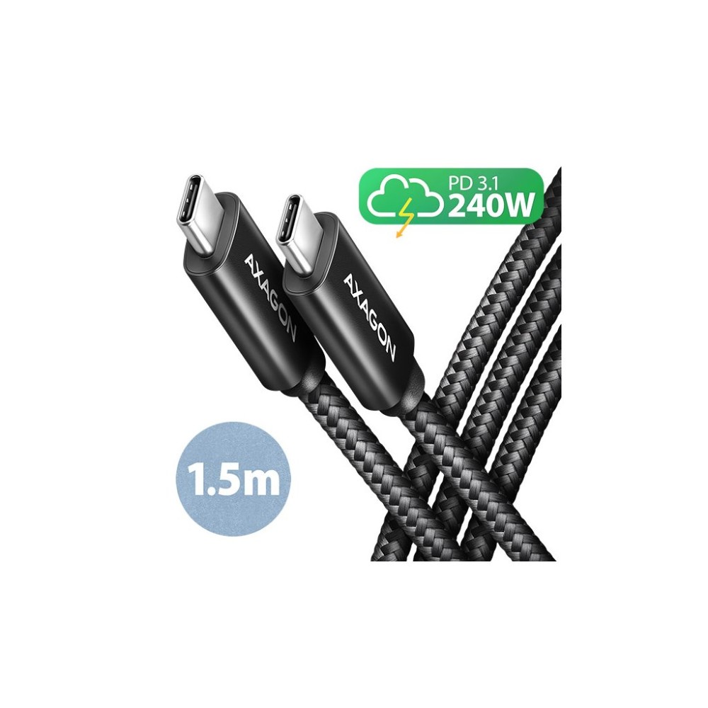 AXAGON BUCM2-CM15AB, CHARGE kabel USB-C <-> USB-C, 1.5m, Hi-Speed USB, PD 240W 5A, ALU, oplet, černý