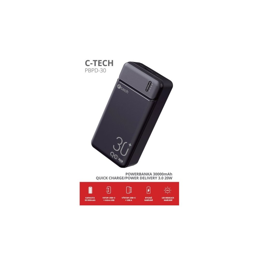 C-TECH Powerbanka 30000mAh, Li-Pol, 20W, USB-C/USB-A/micro USB