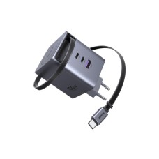 UGREEN síťová rychlonabíječka se zatahovacím kabelem 100W 3-Port, 2x USB-C, 1x USB-A, GaN, stříbrná