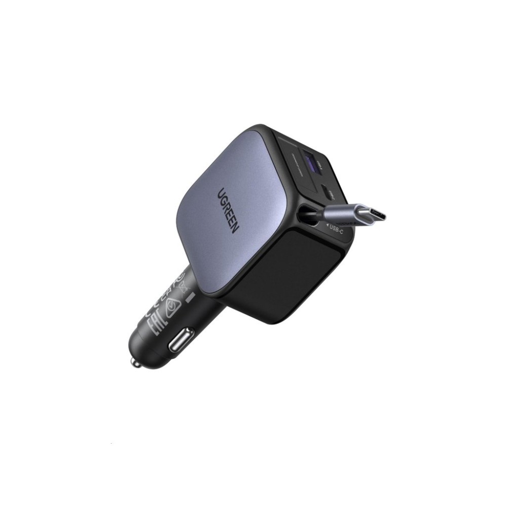 UGREEN rychlonabíječka do auta se zatahovacím kabelem 60W 3-Port, 2x USB-C,1x USB-A, GaN, stříbrná