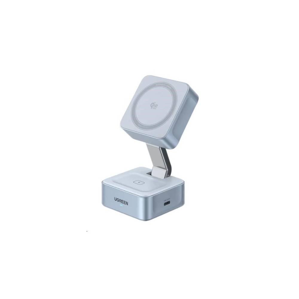 UGREEN magnetická bezdrátová nabíječka 2v1 MagFlow Qi2.2, 25W, MagSafe, stříbrná – 55960B