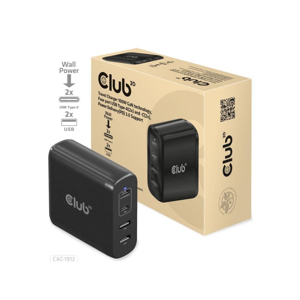 Club3D cestovní nabíječka 100W GAN technologie, 2xUSB-A a 2xUSB-C, PD 3.0 Support