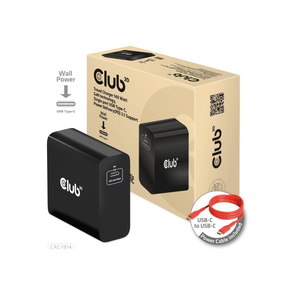 Club3D cestovní nabíječka USB-C 140W GaN Technologie, 1xUSB-C, podpora PD 3.1