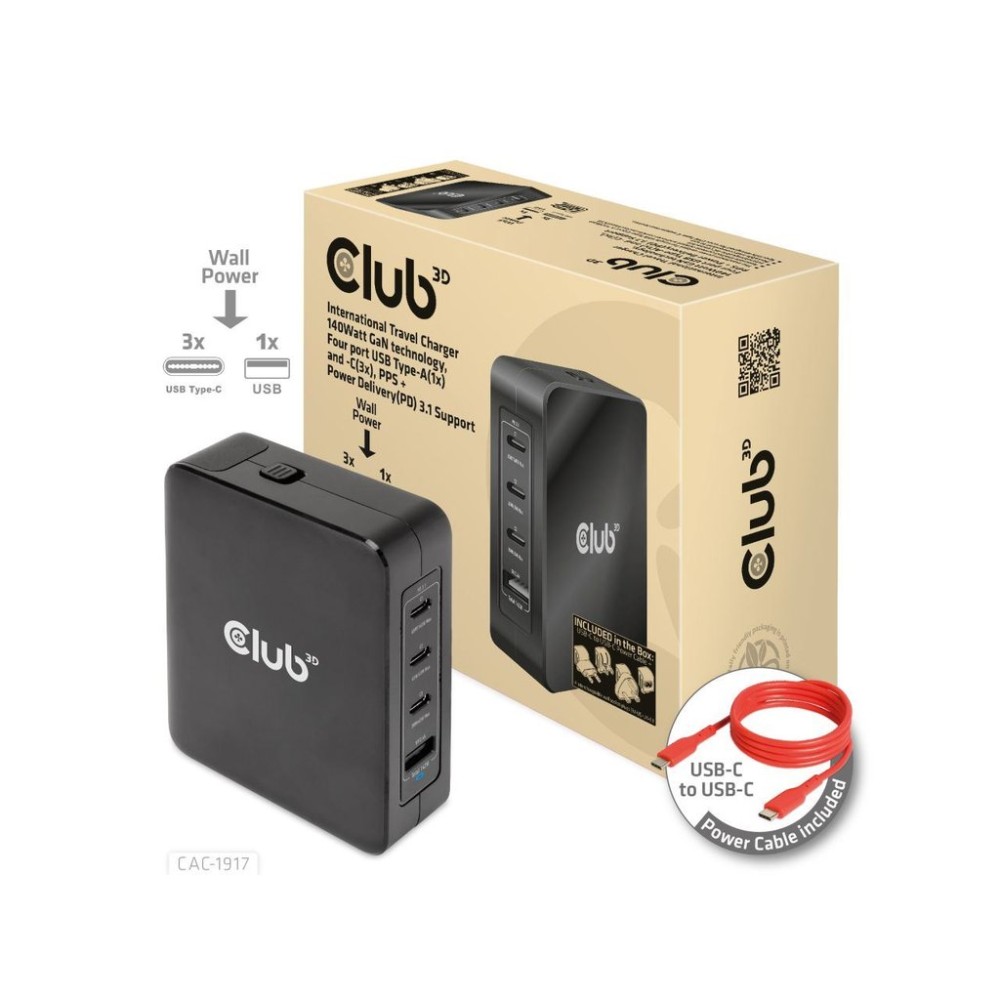 Club3D cestovní nabíječka 140W GaN technologie, 3xUSB-C, 1xUSB-A, PPS + PD 3.1 Support