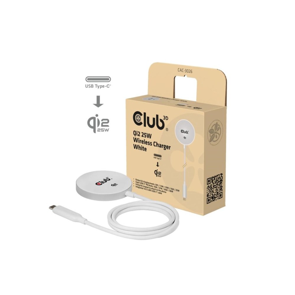 Club3D Bezdrátová nabíječka, 1x Qi2 25W, MagSafe, Qi certifikováno, bílá