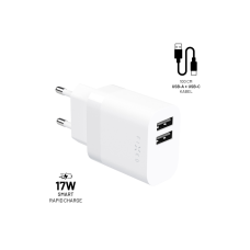 Set síťové nabíječky FIXED s 2xUSB výstupem a USB/USB-C kabelu, 1 metr, 17W Smart Rapid Charge, černá