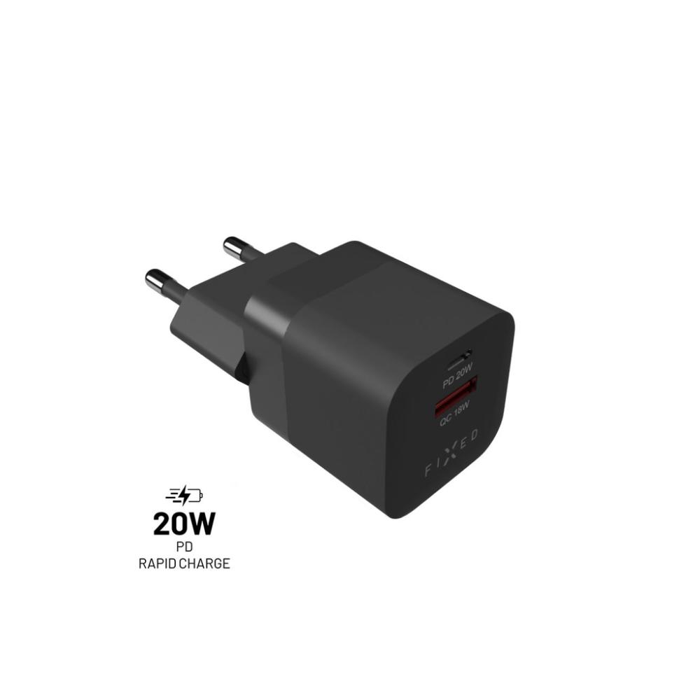 Síťová nabíječka FIXED Mini s USB-C a USB výstupem, podpora PD a QC 3.0, 20W, černá