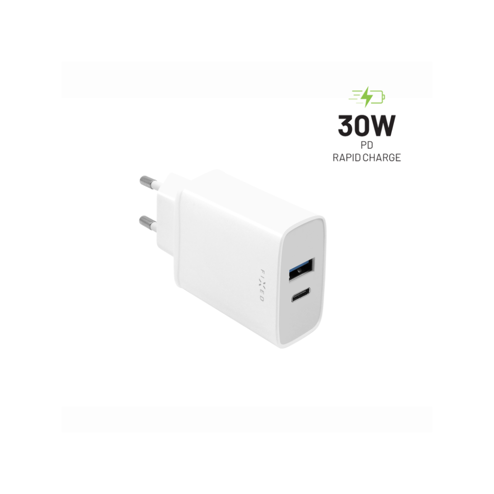 Síťová nabíječka FIXED s USB-C a USB výstupem, podpora PD, 30W, bílá