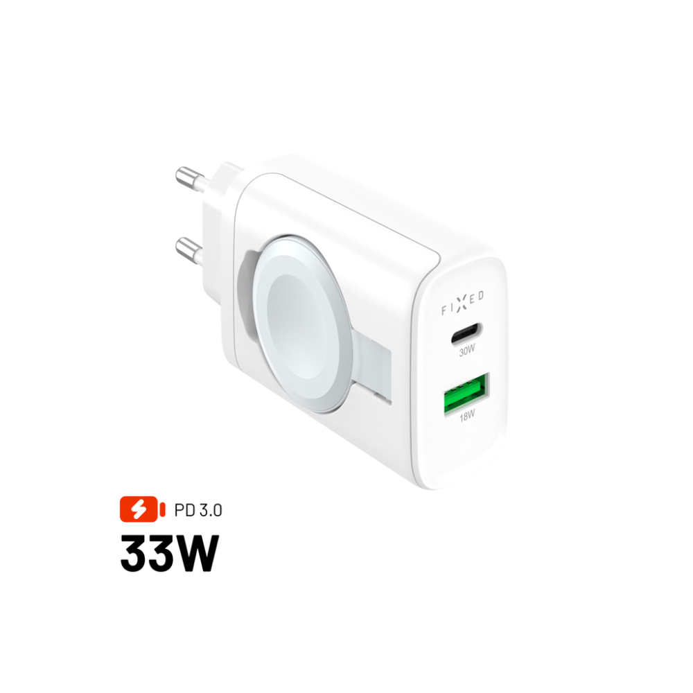 Síťová nabíječka FIXED Power Socket s USB-A a USB-C výstupem a vyklápěcí nabíječkou pro Apple Watch, 33W, bílá
