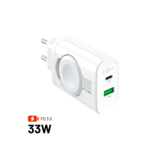 Síťová nabíječka FIXED Power Socket s USB-A a USB-C výstupem a vyklápěcí nabíječkou pro Apple Watch, 33W, bílá