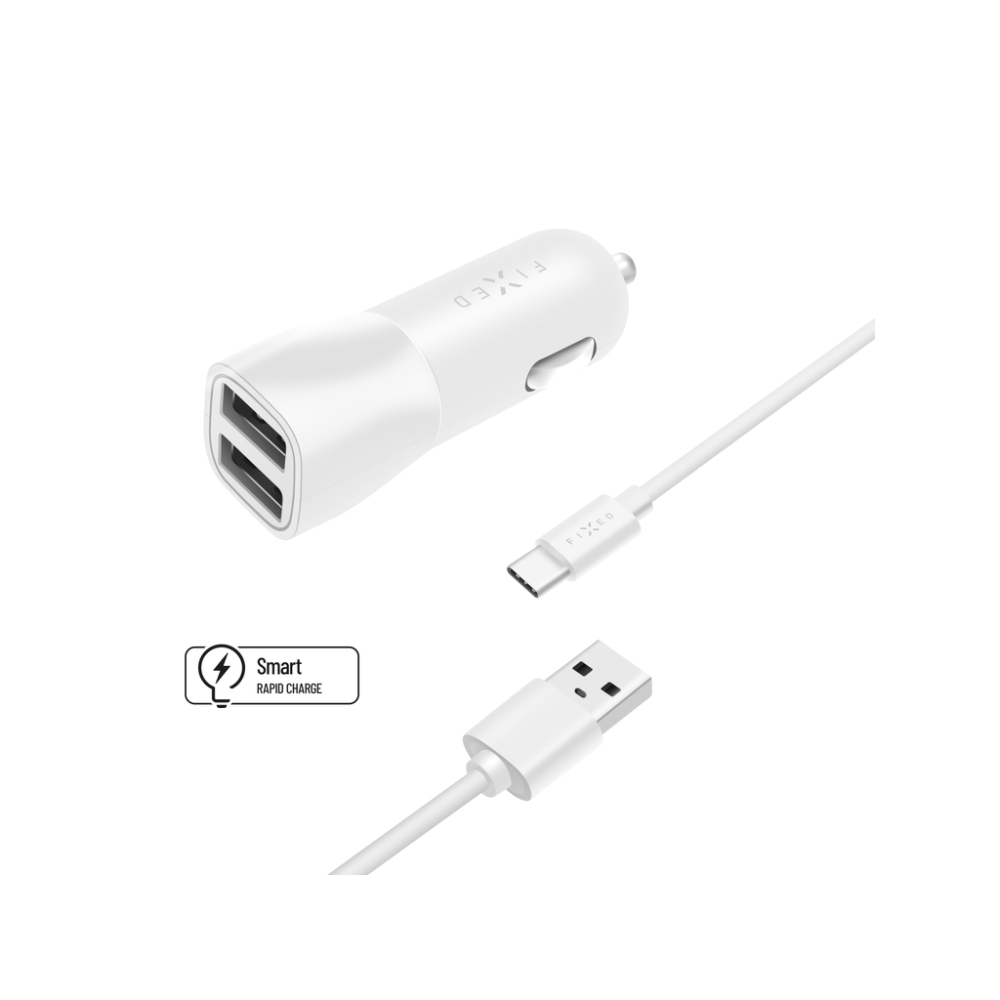 Set autonabíječky FIXED s 2xUSB výstupem a USB/USB-C kabelu, 1 metr, 15W Smart Rapid Charge, bílá