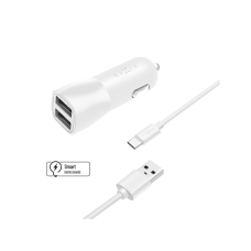 Set autonabíječky FIXED s 2xUSB výstupem a USB/USB-C kabelu, 1 metr, 15W Smart Rapid Charge, bílá