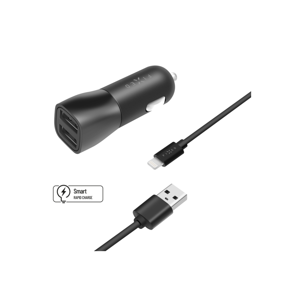 Set autonabíječky FIXED s 2xUSB výstupem a USB/Lightning kabelu, 1 metr, MFI certifikace, 15W Smart Rapid Charge