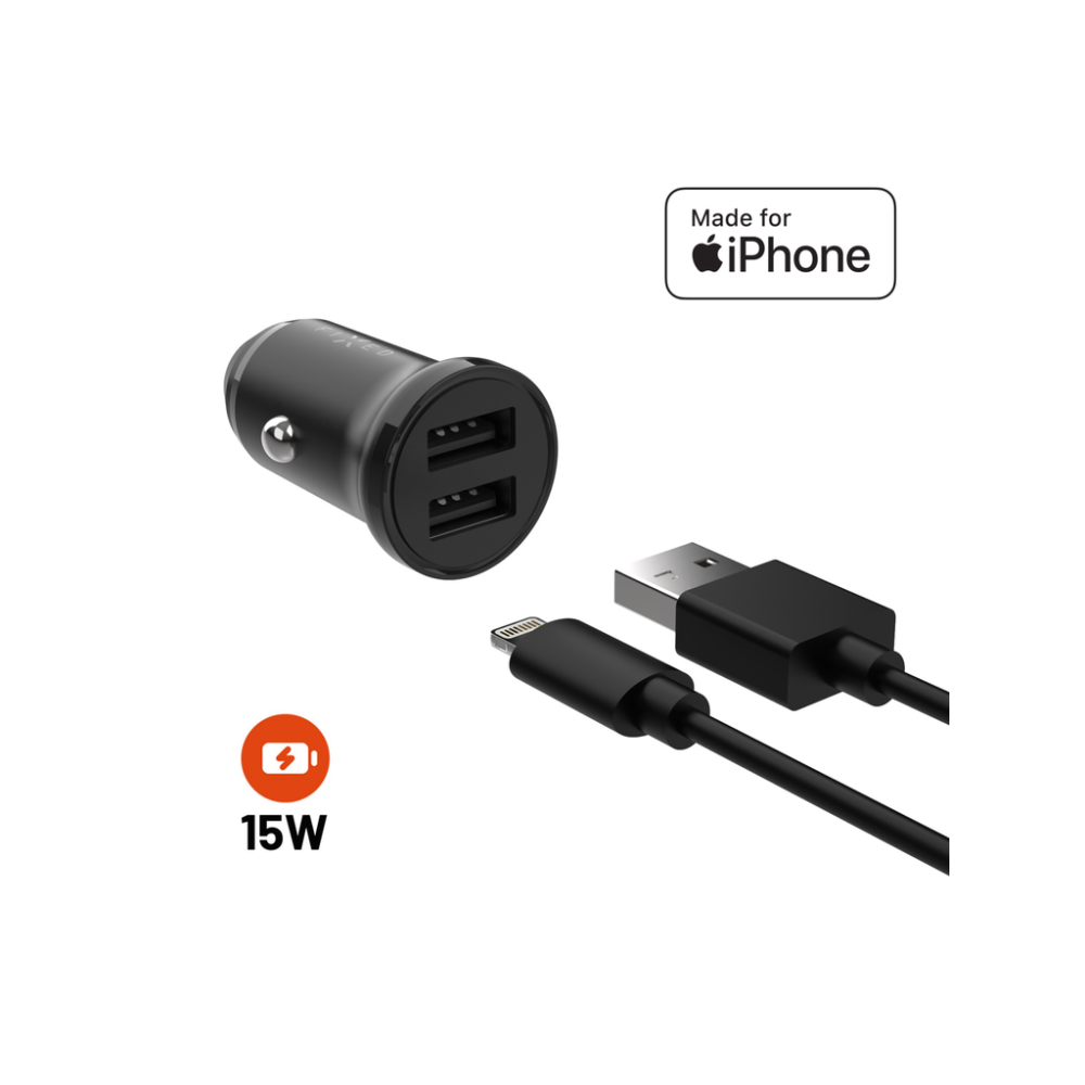 FIXED autonabíječka 15 W se 2× USB a Lightning kabelem 1 m, MFi, černá