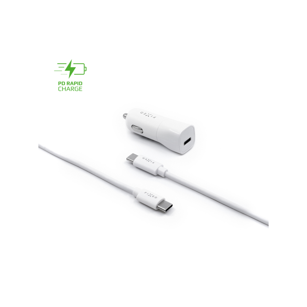 Set autonabíječky FIXED s USB-C výstupem a USB-C/USB-C kabelu, podpora PD, 1 metr, 18W, bílý