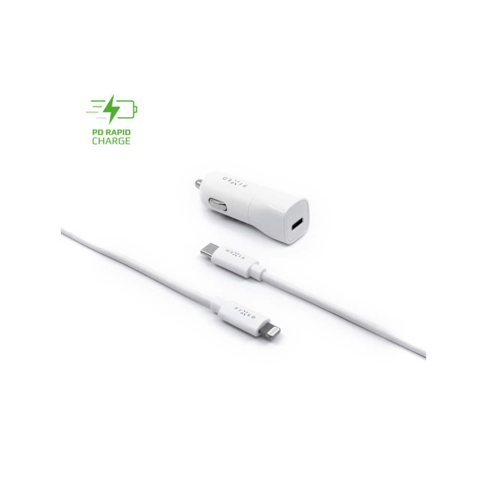 Set autonabíječky FIXED s USB-C výstupem a USB-C/Lightning kabelu, podpora PD, 1 metr, MFI, 18W, bílý