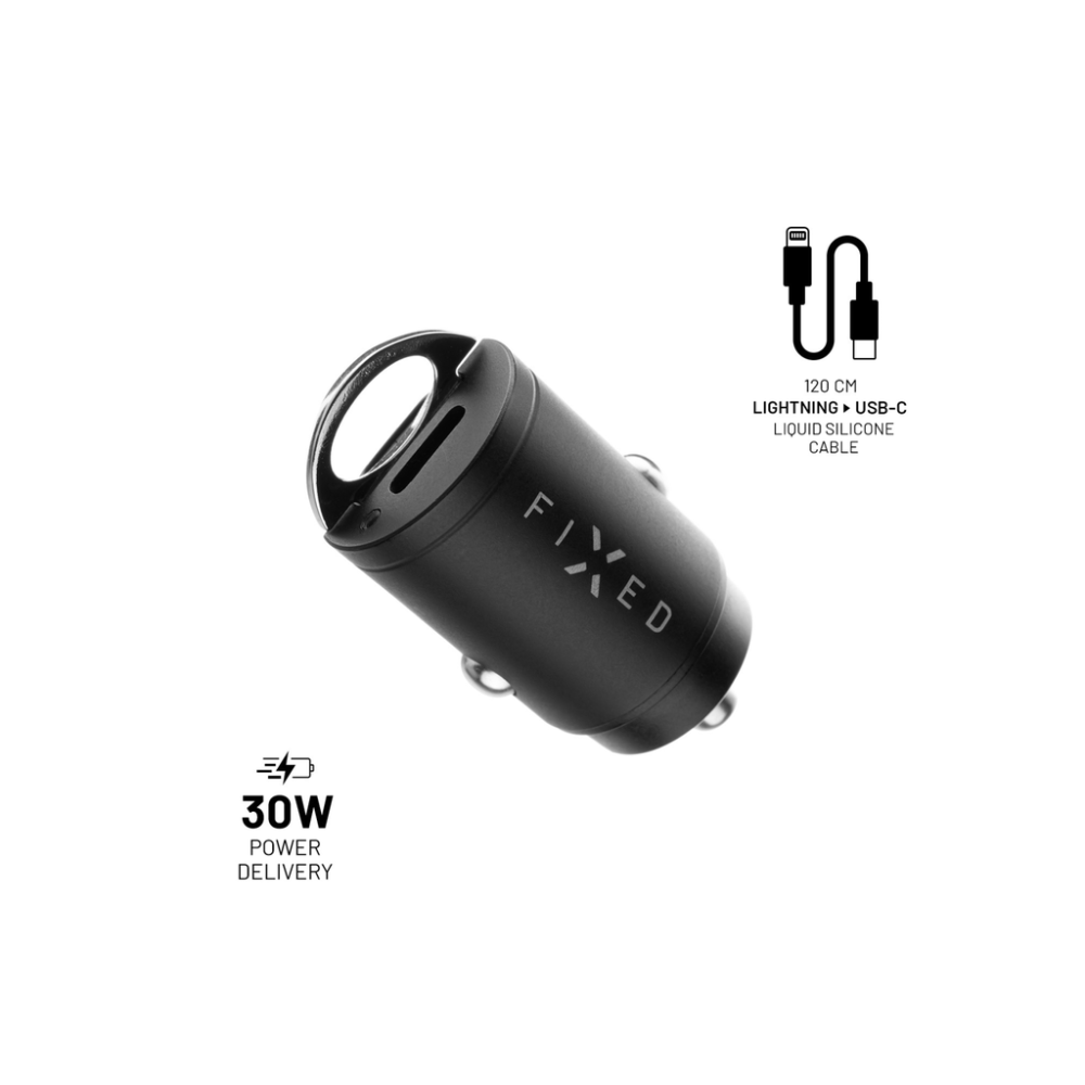 Set autonabíječky FIXED s 2xUSB-C výstupem a USB-C/Lightning kabelu, podpora PD, 1,2 metr, MFI, 30W, černý