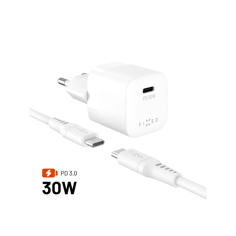 Set síťové GaN nabíječky FIXED Mini s USB-C výstupem a USB-C/USB-C kabelu, podpora PD, 1,2 metr, 30W, bílý