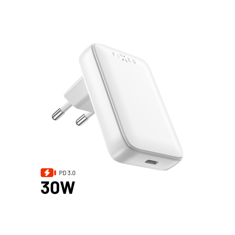 Síťová GaN nabíječka FIXED Slim s USB-C výstupem a podporou PD, 30W, bílá