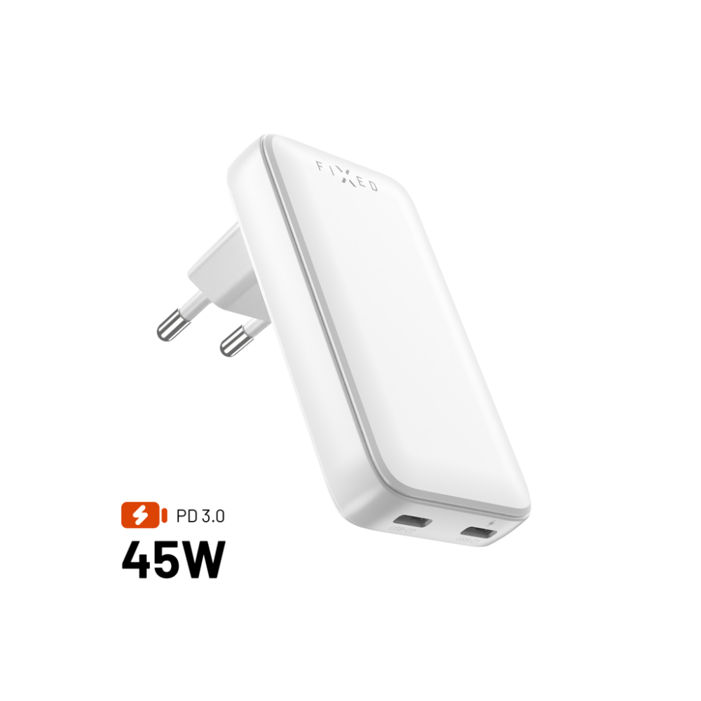 Síťová GaN nabíječka FIXED Slim s 2x USB-C výstupem a podporou PD, 45W, bílá