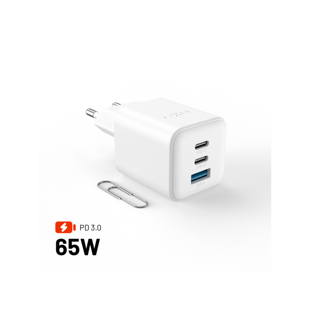 Síťová GaN nabíječka FIXED Mini s 2xUSB-C a USB výstupem, podpora PD, 65W, bílá