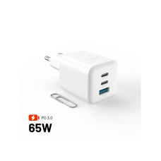 Síťová GaN nabíječka FIXED Mini s 2xUSB-C a USB výstupem, podpora PD, 65W, bílá