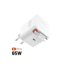 Síťová GaN nabíječka FIXED s 2xUSB-C, podpora PD 3.0, se samonavíjecím kabelem, 65W, bílá