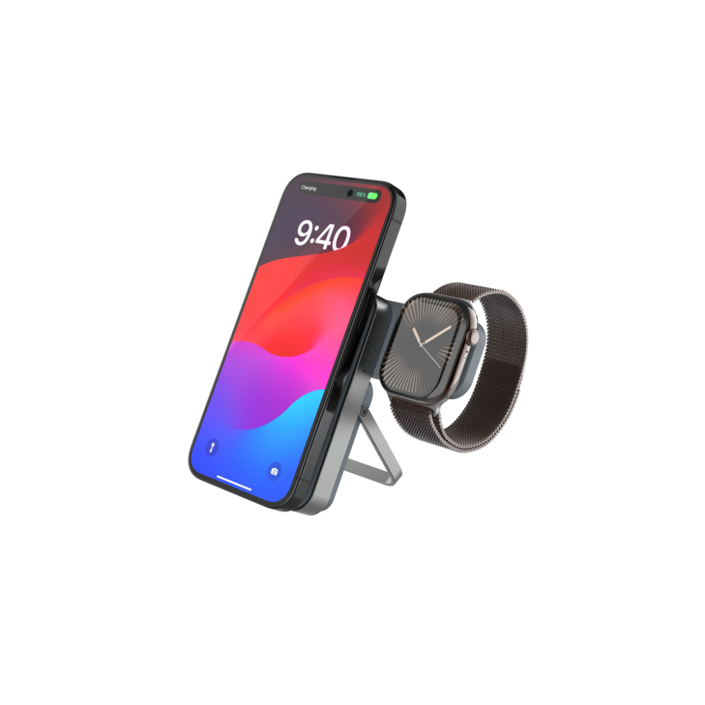 Powerbanka se stojánkem FIXED MagZen 5 Stand s integrovanou Apple Watch nabíječkou a podporou MagSafe, 5 000 mAh, šedá